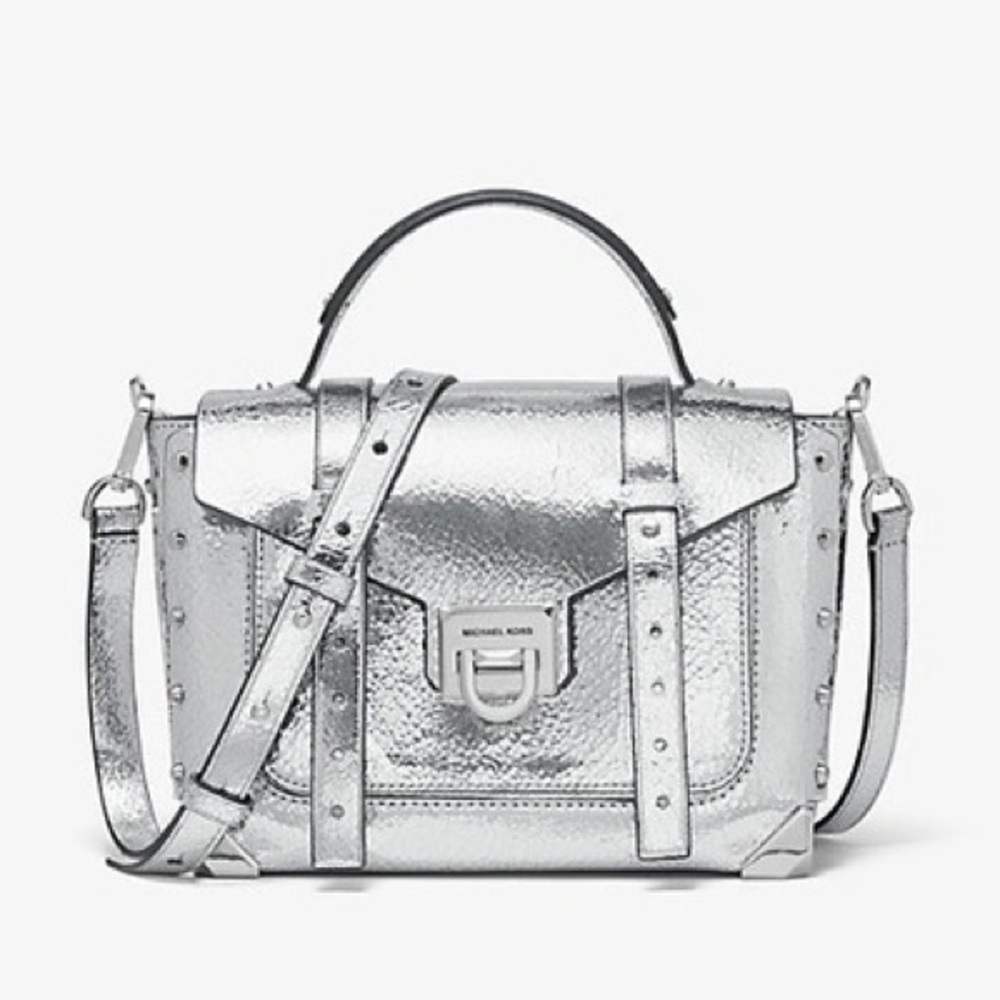 🤍✨MICHAEL KORS MANHATTAN CRACKLED METALLIC LEATHER CROSSBODY🤍✨
